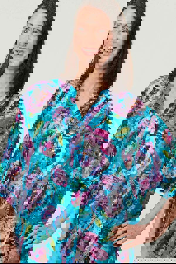 Blue | Floral Button 3/4 Sleeve Relaxed Blouse