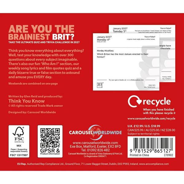 Are You The Brainiest Brit? Desk Calendar 2027, Desk Calendars, Day To View, Entertainment, Gift