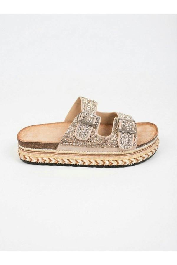 Aria Womens Rhinestone Buckle Platform Sandals - BEIGE