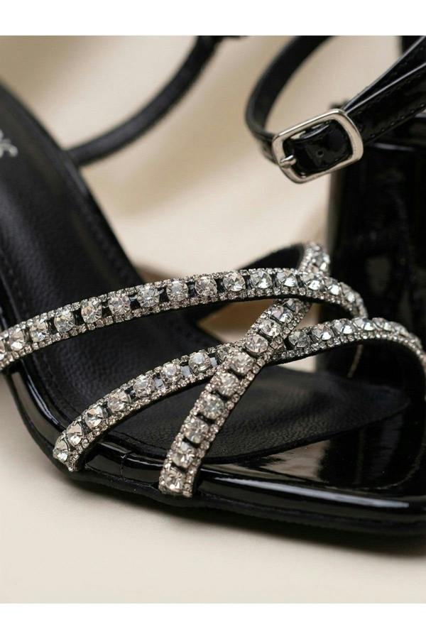 Willow Rhinestone Block Heel Sandals - Black