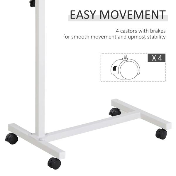White metal base with four black locking casters for over-bed table
