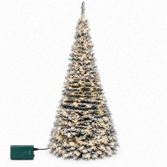 Shatchi 4ft to 6ft Pre-Lit Flocked Pop-Up Christmas Tree with Warm White LED Lights, Battery Operated - PVC - Green