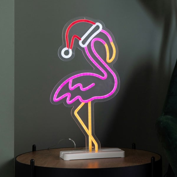 Samuel Alexander 43cm Light up Neon Effect Flamingo with Santa Hat on Base with Multi-Coloured LEDs