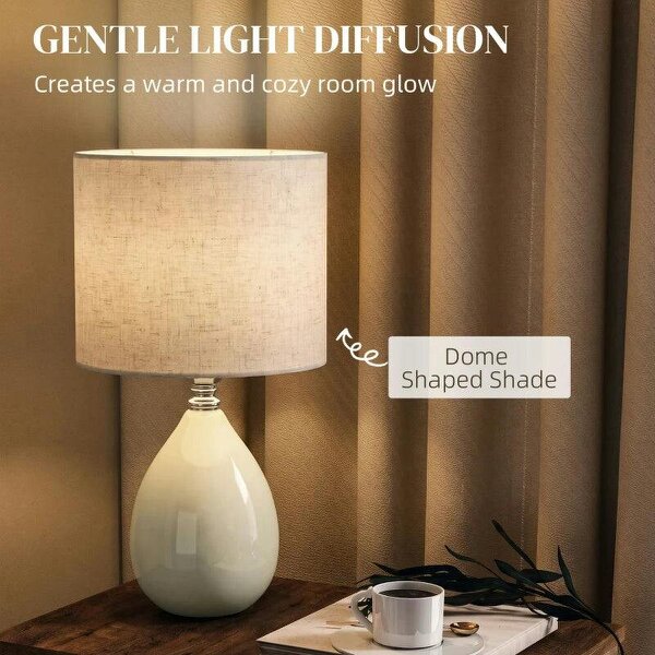Table Lamp, Vintage Eastern Bedside Desk Lamp with Fabric Lampshade for Study, Bedroom, Living Room, Cream White