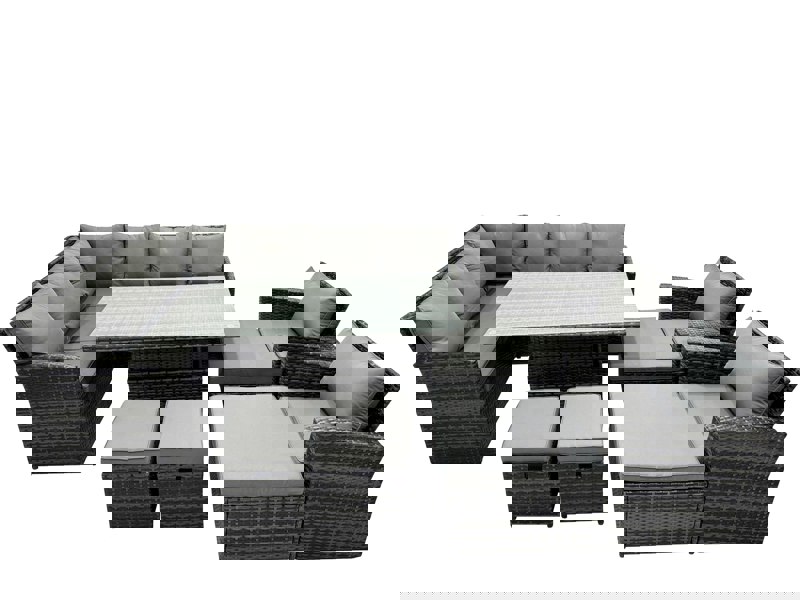 Fimous 12 Seat Rattan Outdoor Patio Height Adjustable Rising Lifting Table Corner Sofa Set with 4 Stool 2 Chairs for Garden Backyard Dark Grey Mixed