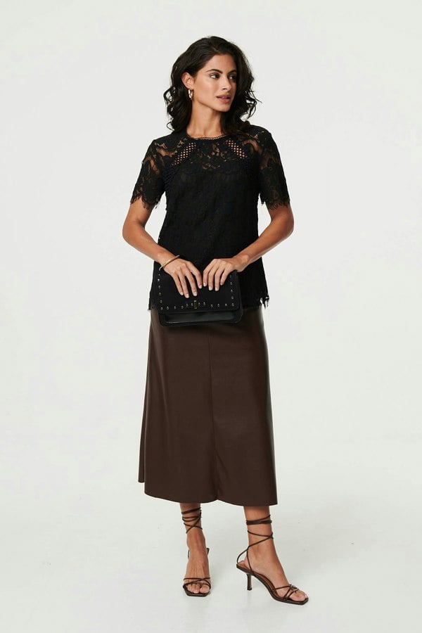 Black | Lace Overlay Short Sleeve Blouse
