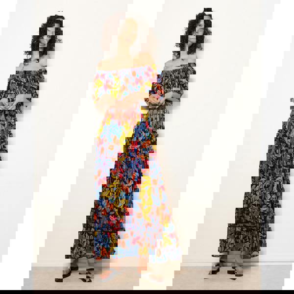 Blue Vanilla Bardot Tassel Tie Tiered Maxi Dress