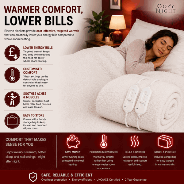 Cozy Night Double Size Electric Blanket Heated with 3 Heat Settings - Quick Fit Underblanket - Fleece Material Machine Washable