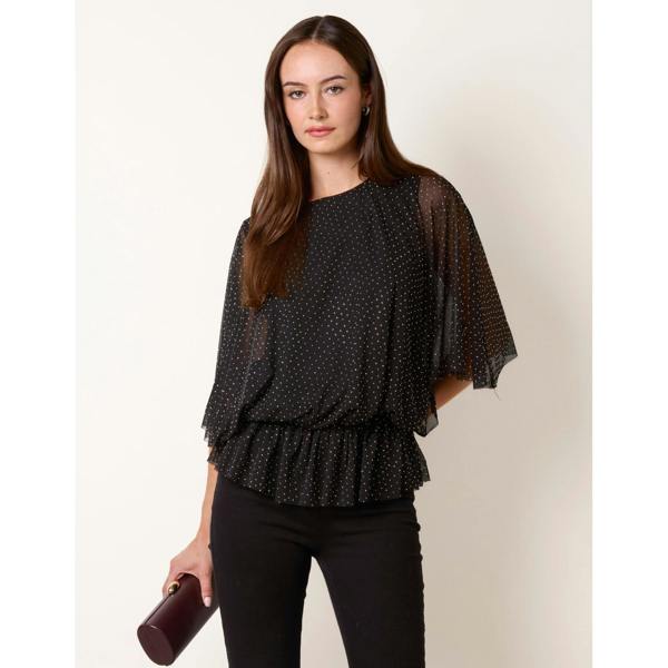 Blue Vanilla Mesh Diamante Batwing Top