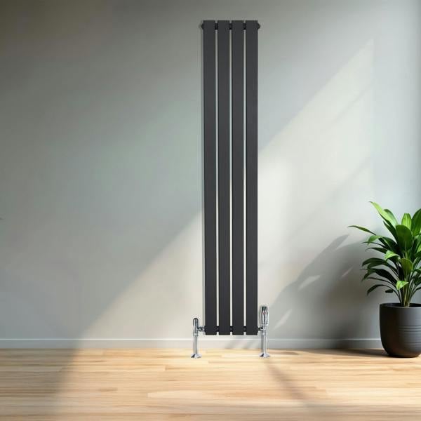 Flat single column radiator in anthracite grey, 1600 x 280mm, featuring a sleek design and chrome feet, positioned against a light wall