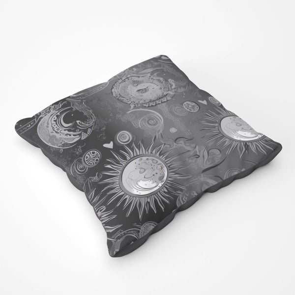 Warren Reed Black Grey Abstract Sun And Moon Floor Cushion