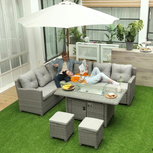 Wyld Haus Fiva Faux Rattan 8 Seater L Shaped Outdoor Sofa Set With Fire Pit Table 2 Footstools and Cover