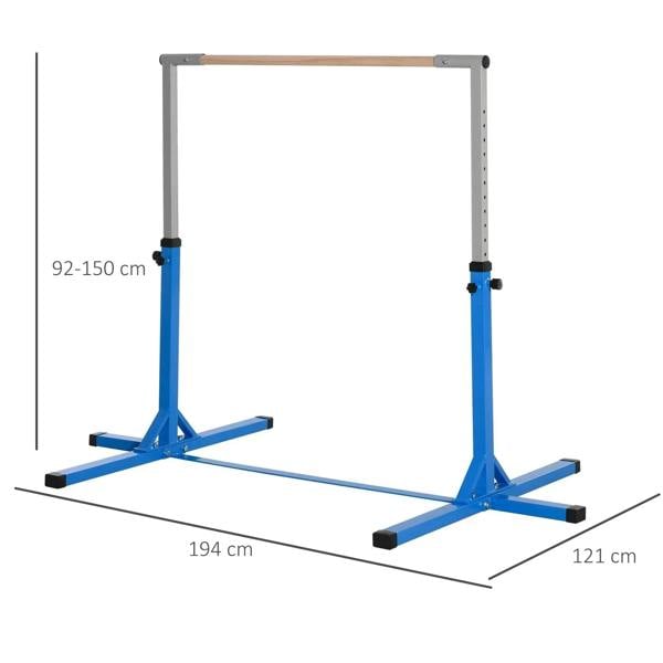 Blue adjustable kids horizontal bar with height markings and wide stable base
