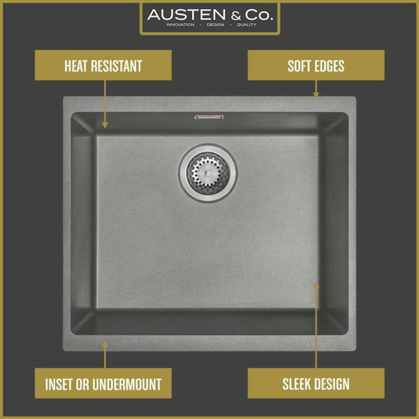 Austen & Co. Siena Inset & Undermount Large Single Bowl Reversible Granite Kitchen Sink With Strainer & Over Flow Kit - Grey