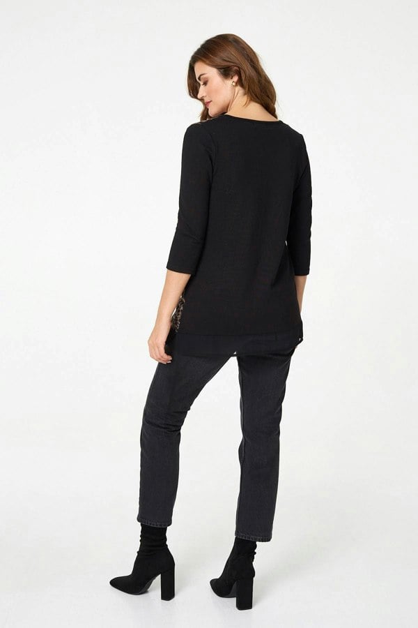 Black | Animal Print Asymmetric Tunic Top
