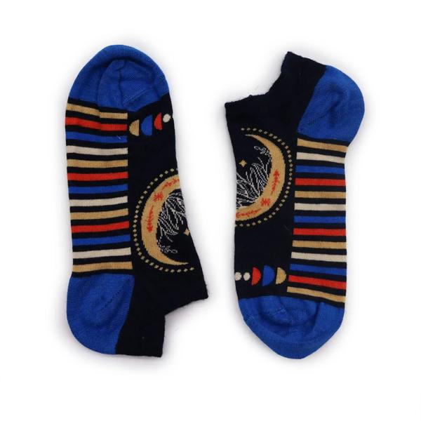 Pair of low-cut bamboo socks in blue and black with striped pattern and moon graphics.