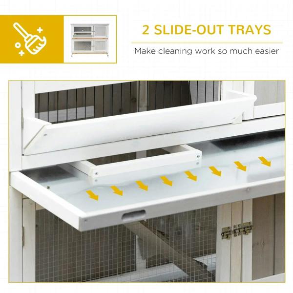 White slide-out tray for two-tier wooden pet hutch, with metal mesh below