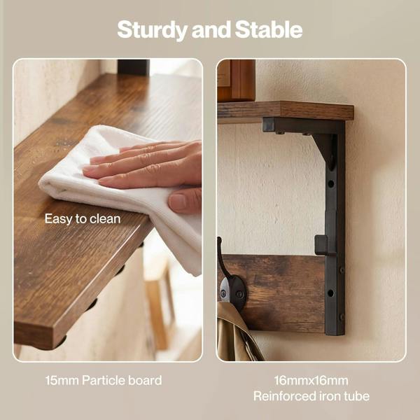 Levede Coat Rack Wall Mounted Shelf 7 Hooks Heavy Duty Entryway Storage Brown