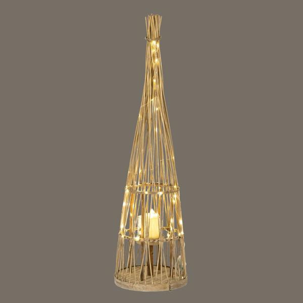 Small Conical Wicker Lantern With Glass Holder & LED Lights