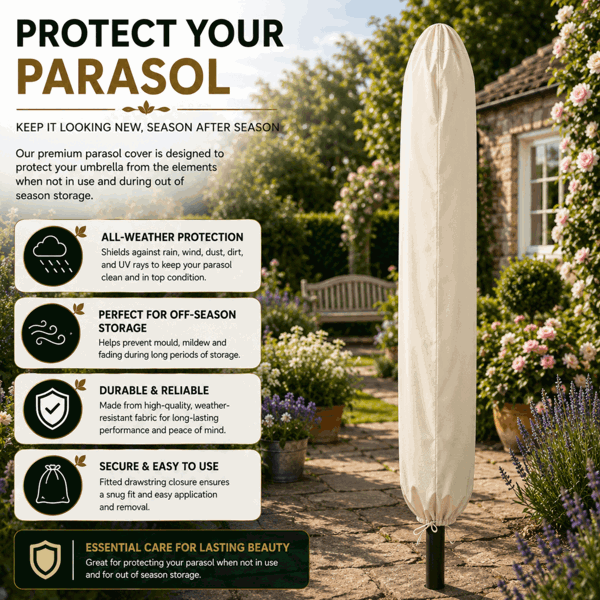 GlamHaus Garden Parasol Table Umbrella 2.7M with Crank Handle UV40 Protection Free Protection Cover Robust Steel Cream