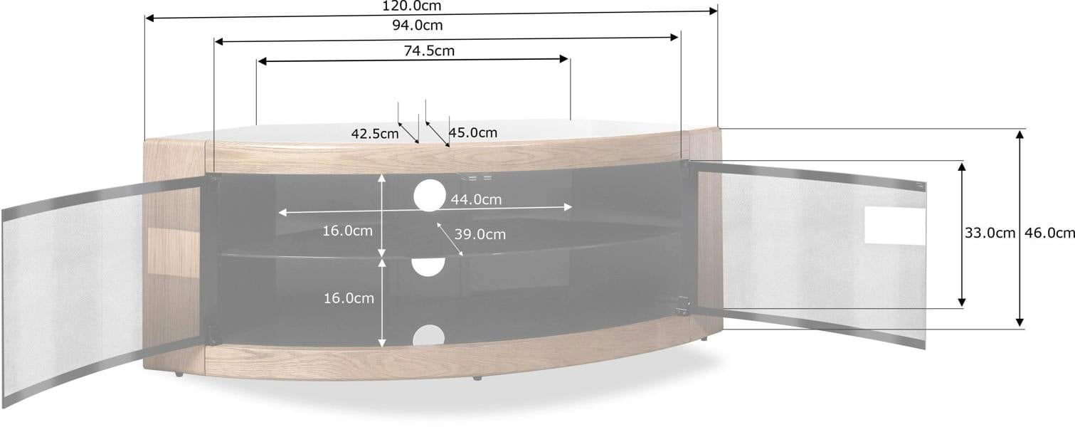Homeology PANGEA Black Oak Beam-Thru Black Glass Curved Unit Tru-Corner 32"-50" TV Cabinet