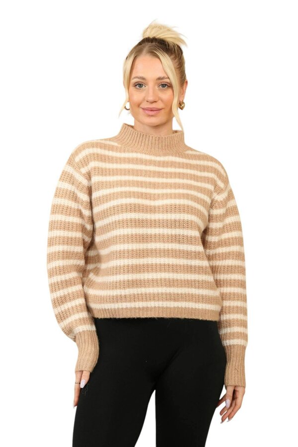 Elaina Fashion Cosy Striped Jumper with Mock Neck – Soft Acrylic Knit