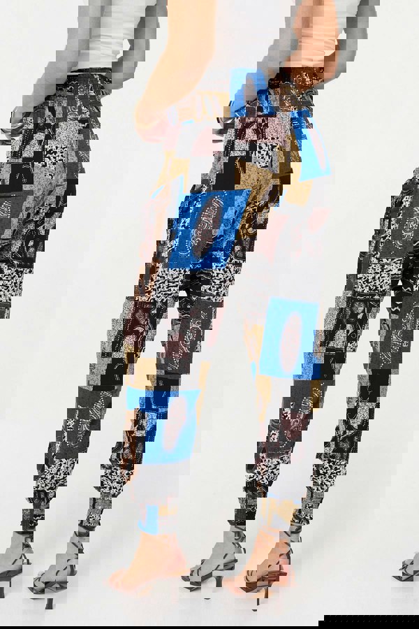 Blue | Patchwork Print Pocket Front Harem Pants
