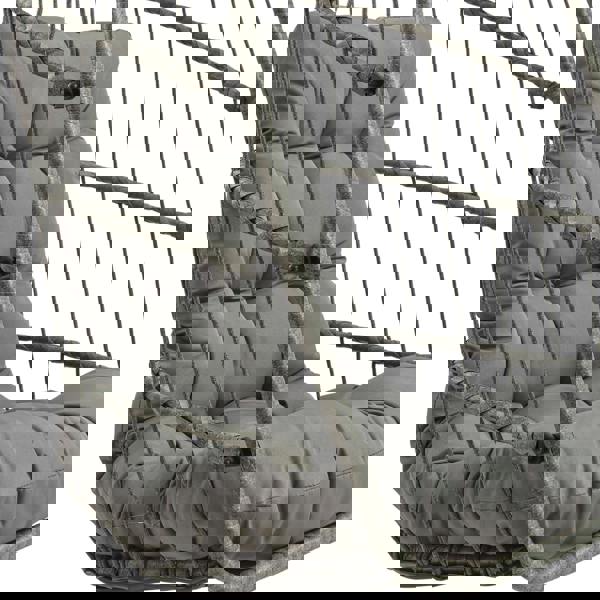 Grey rattan hanging egg chair featuring a plush, tufted cushion and a woven frame, ideal for indoor or outdoor relaxation