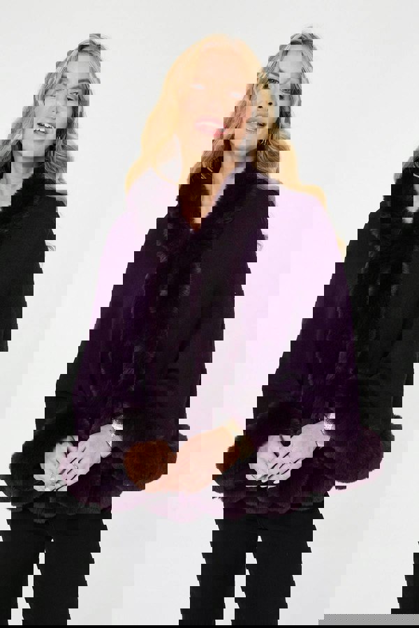 Purple | Faux Fur Trim Batwing Poncho
