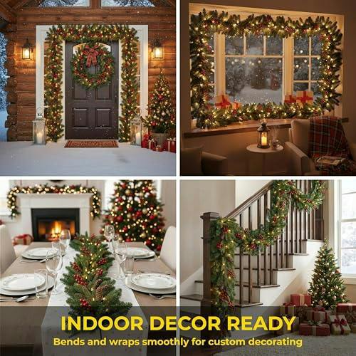 2m Green Pre-Lit Christmas Garland with PVC Foliage, Red Berries, Pine Cones and Warm LED Lights image 7