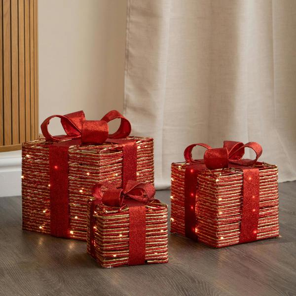 Samuel Alexander Set of 3 Red & Gold Light Up Christmas Parcel Gift Boxes with 90 Warm White LEDs