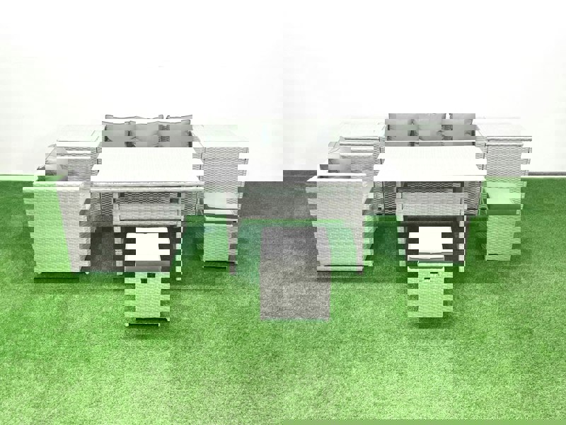 Fimous Rattan Garden Furniture Dining Set 6 Seater Lounge Sofa Chair Dining Table Set with 2 Small Footstools 2 Side Tables Light Grey Mixed