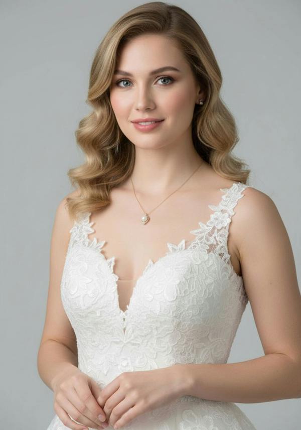 Woman wearing a white lace wedding dress and pearl earrings against a gray background