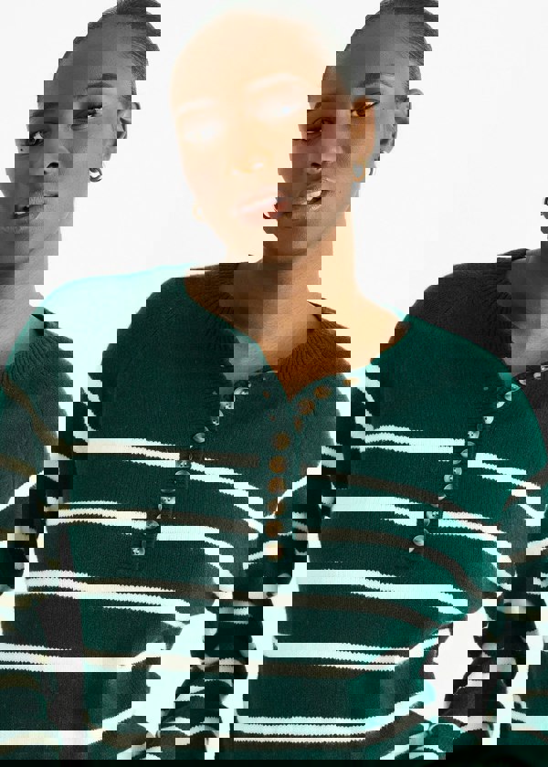 Gini London Green Recycle Stripe Button Up Loose Fit Knit Jumper