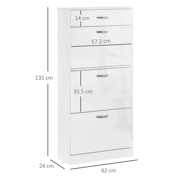 White shoe cabinet with dimensions shown: 62 cm wide, 135 cm high