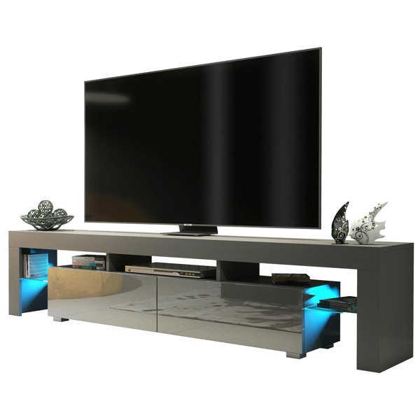 Mex Furniture Sleek 200cm Modern  TV Unit Grey Cabinet Stand High Gloss Doors with Free LED Lights