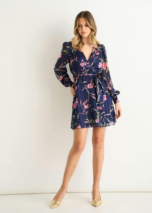 Gini London Navy Floral Print Shimmer Stripe Chiffon Wrap Mini Dress