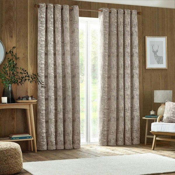 Furn Winter Woods Chenille Animals Eyelet Curtains - Taupe