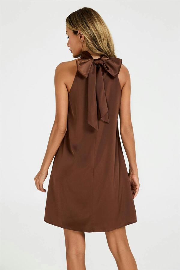 FS Collection Satin Halter Neck Tie Back Mini Dress In Brown