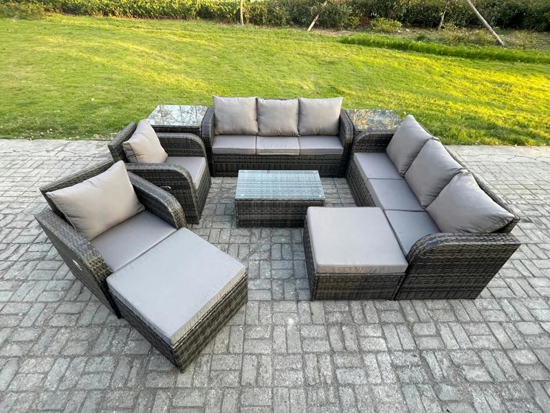 Fimous 10 Seater Outdoor Sofa Set, Rattan, Patio Table, 3 Seater SofaS, Reclining Chair, 2 Big Footstools and 2 Side Tables, Dark Grey Mixed