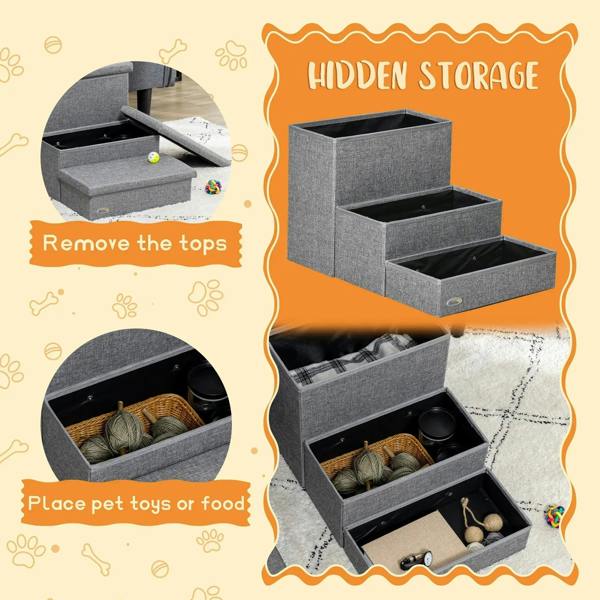 Grey 3-step pet stairs with hidden storage boxes, drawer tops shown removed