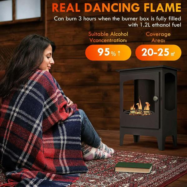 Black ethanol fireplace with flames visible while seated indoors
