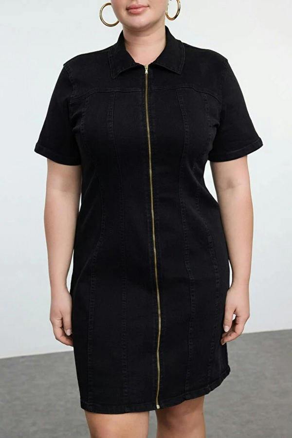 WOVCOR Front Zipper Medium Stretch Denim Plus Size Dress