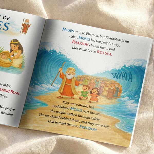 A flat lay product photograph showing an open page inside the Personalised Children's Bible Stories Book from Abode Home & Gifts, featuring a beautifully illustrated story of Moses leading his people across the dry seabed with the name Sophia integrated into the curling blue crest of the parting Red Sea wave.