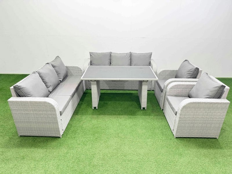 Fimous 8 Seater Wicker PE Rattan Furniture Outdoor Dining Table 3 Seater Sofa Reclining Chair Set Light Grey