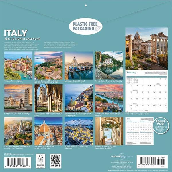 Italy Calendar 2027, Wall Calendars, Month To View, Travel, Gift