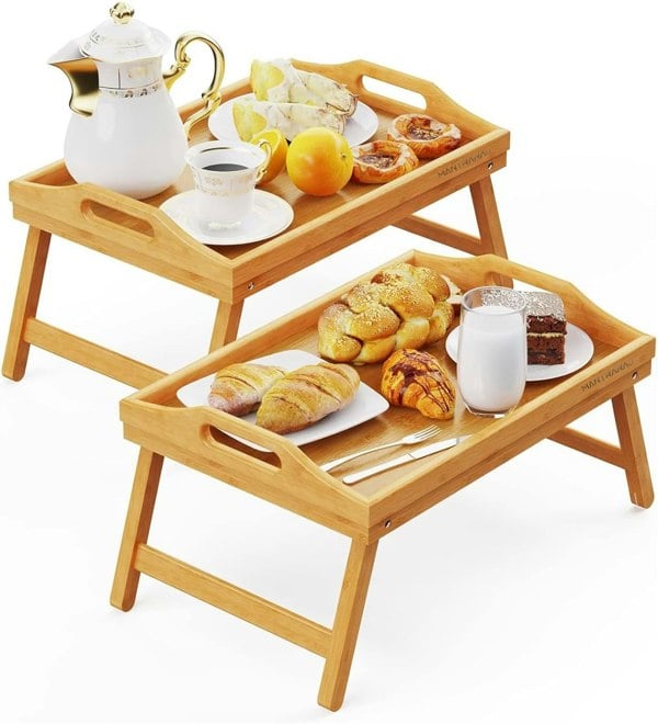 MANTRARAJ Pack Of 2 Bamboo Bed Tray Table with Foldable Legs And Handles Breakfast Tray for Sofa Bed Platters Lap Tray (Brown)