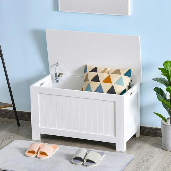 White lift-top storage chest with open lid and metal hinge hardware
