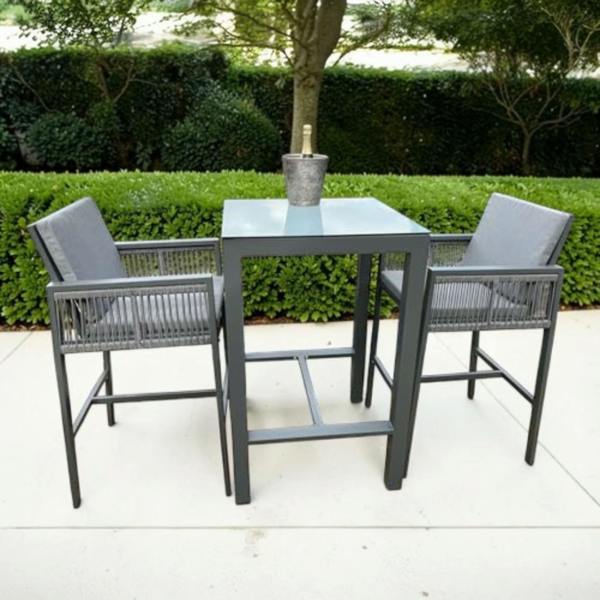The Garden Marketplace Monaco 2 Seater Tall Garden Bar Table & Stool Bistro Set – Grey Powder-Coated Aluminium with Grey Glass Top (70 x 70cm)