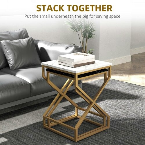 Wyld Haus Revi Set Of 2 Marble Effect Nesting Side Tables Gold Metal Legs